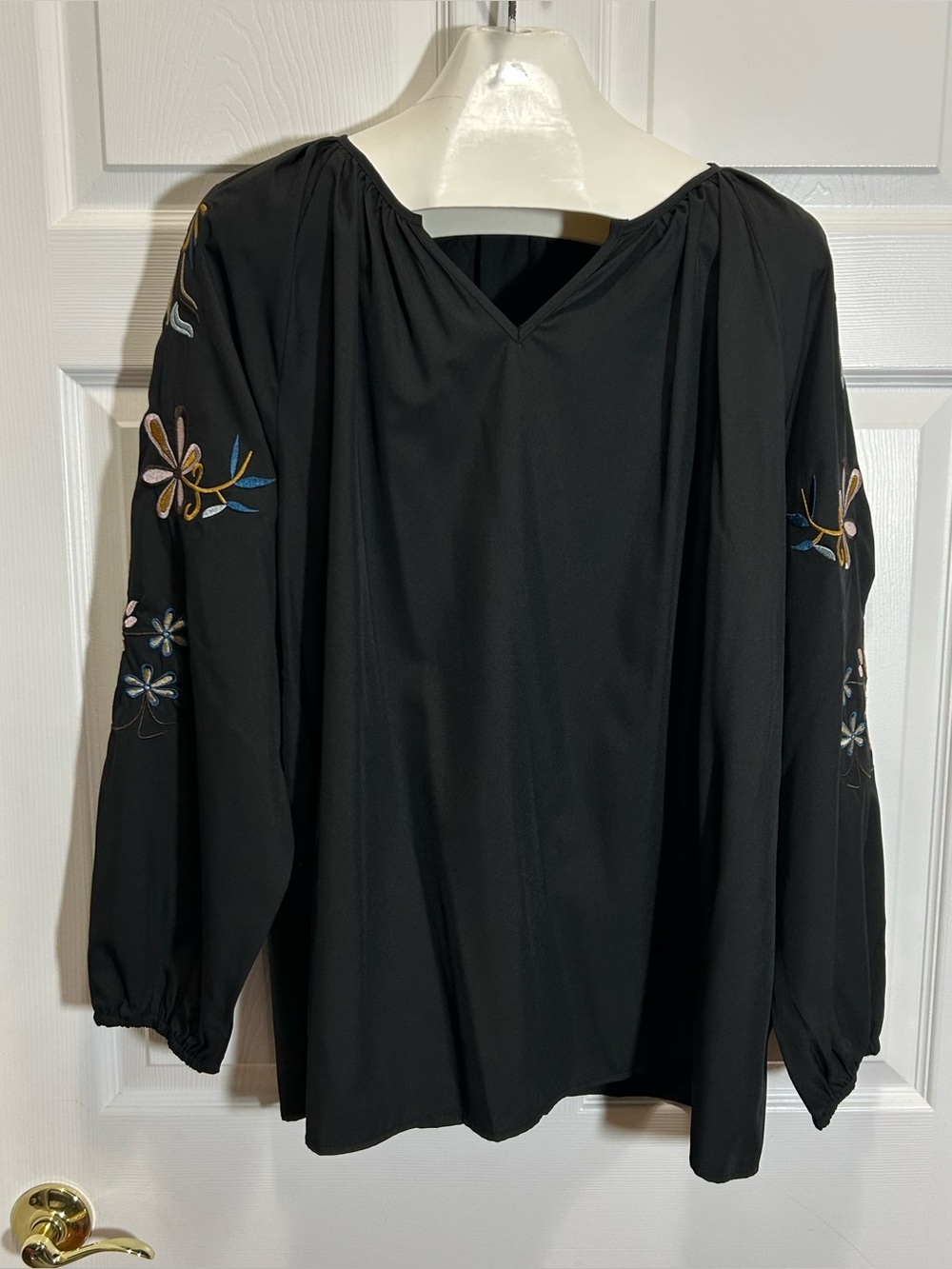 Black Floral-Embroidered Sleeve V-Neck Peasant Top